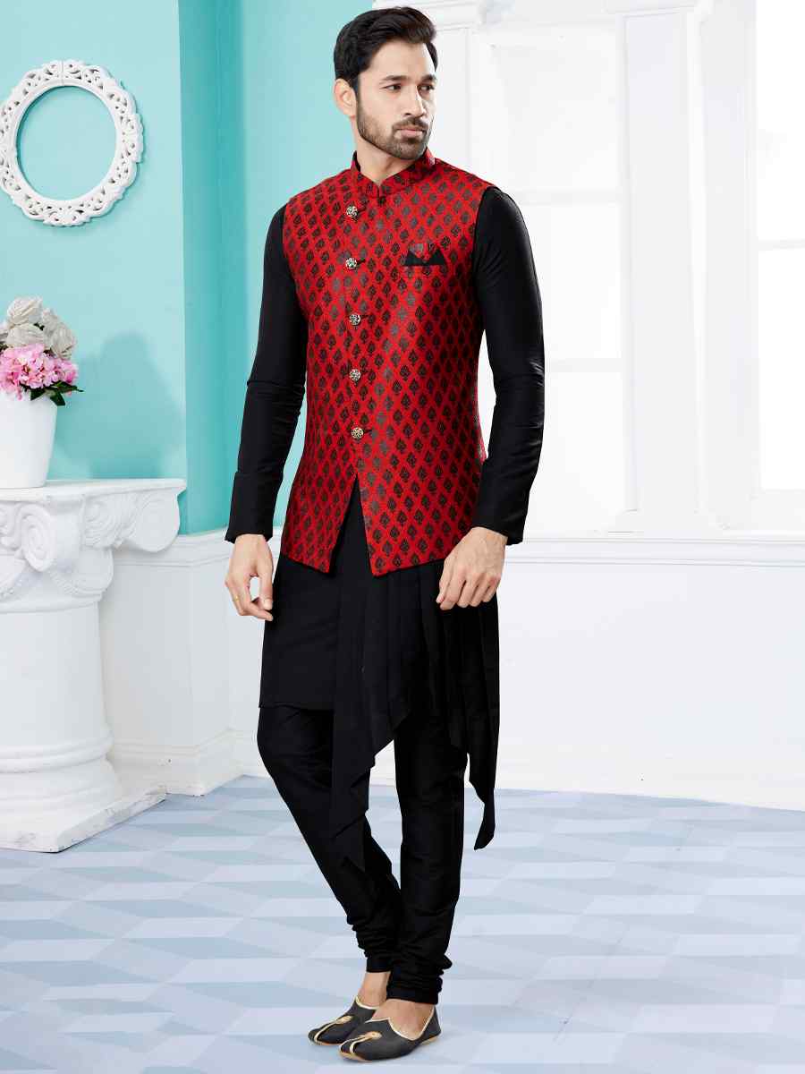 Black Silk Dupion Woven Festival Party Kurta