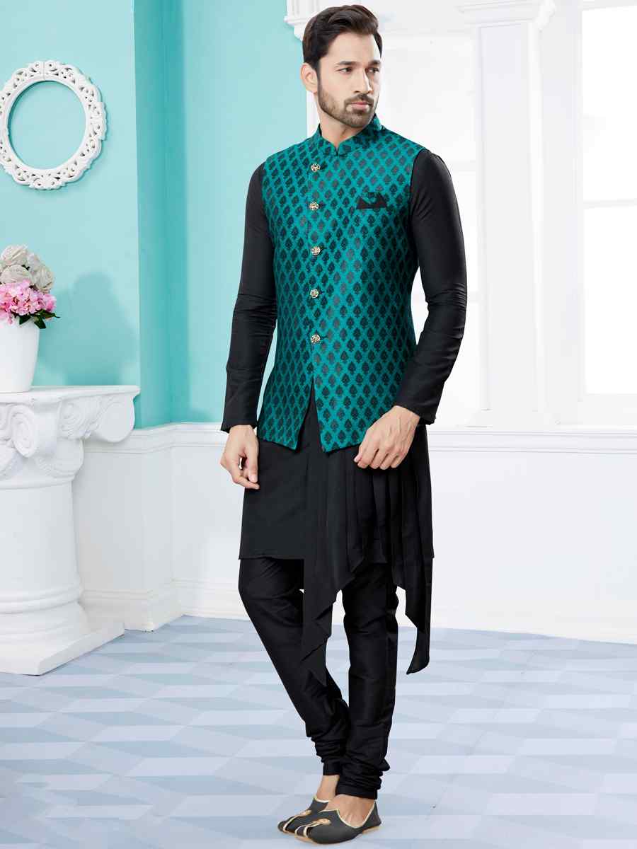 Black Silk Dupion Woven Festival Party Kurta