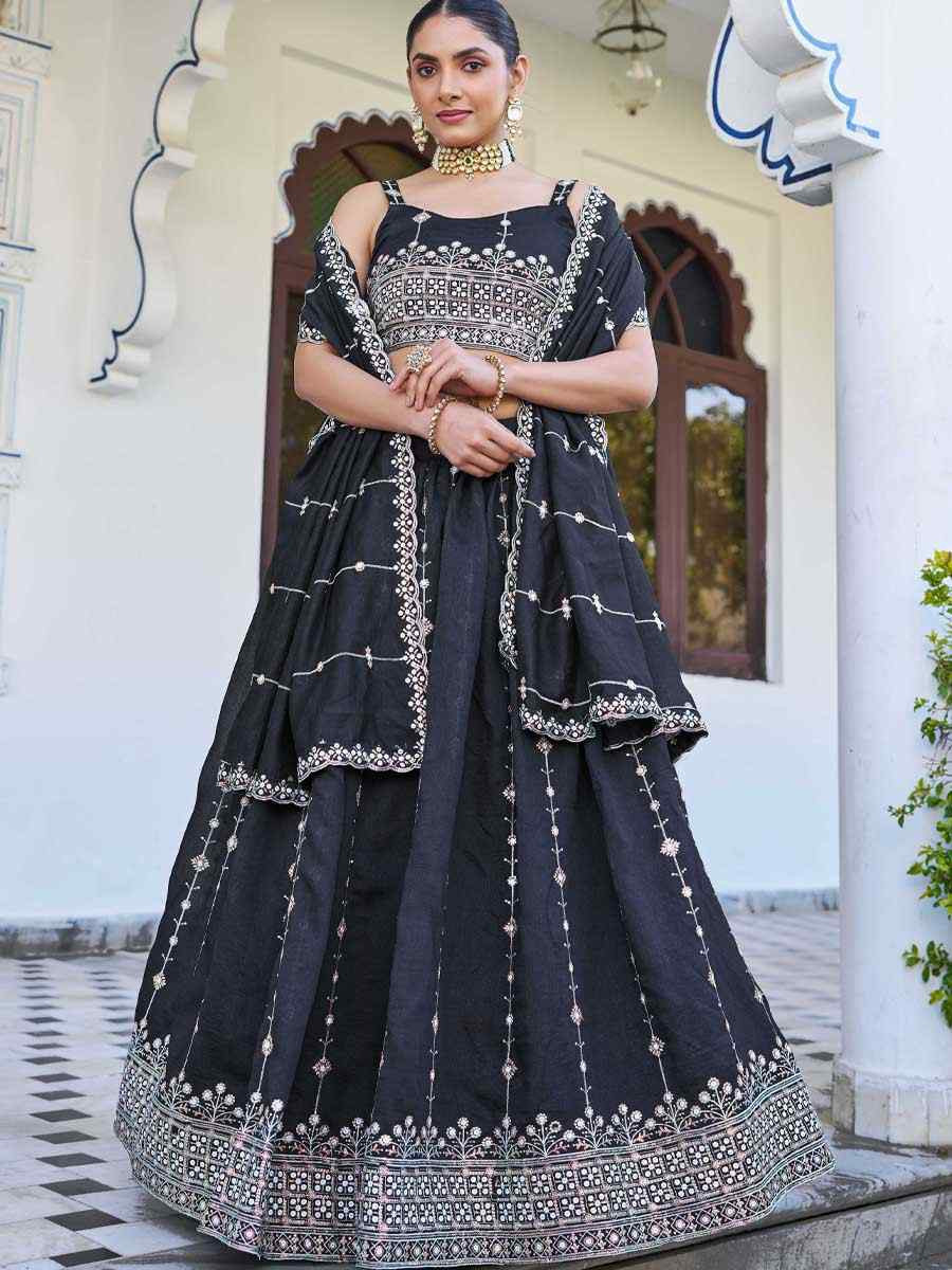 Black Silk Embroidered Bridesmaid Wedding Heavy Border Lehenga Choli