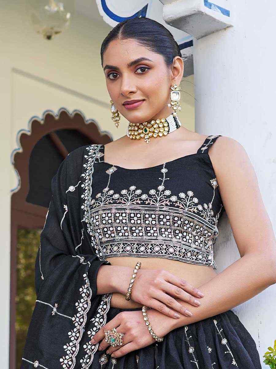 Black Silk Embroidered Bridesmaid Wedding Heavy Border Lehenga Choli