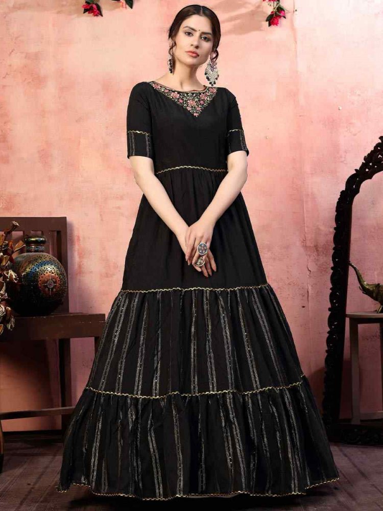 Black Silk Embroidered Festival Party Gown