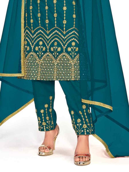 Teal Silk Embroidered Festival Party Pant Salwar Kameez