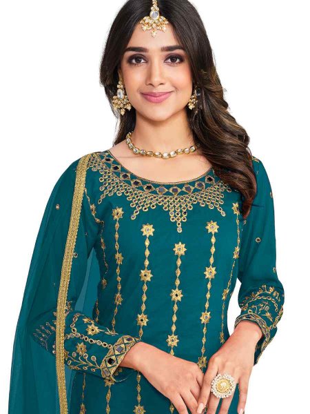 Teal Silk Embroidered Festival Party Pant Salwar Kameez