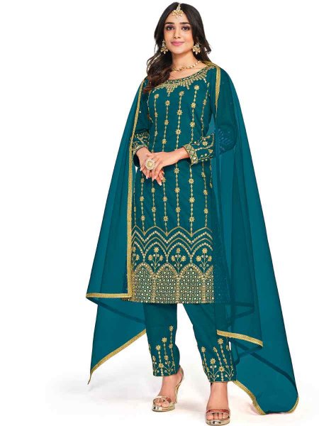 Teal Silk Embroidered Festival Party Pant Salwar Kameez