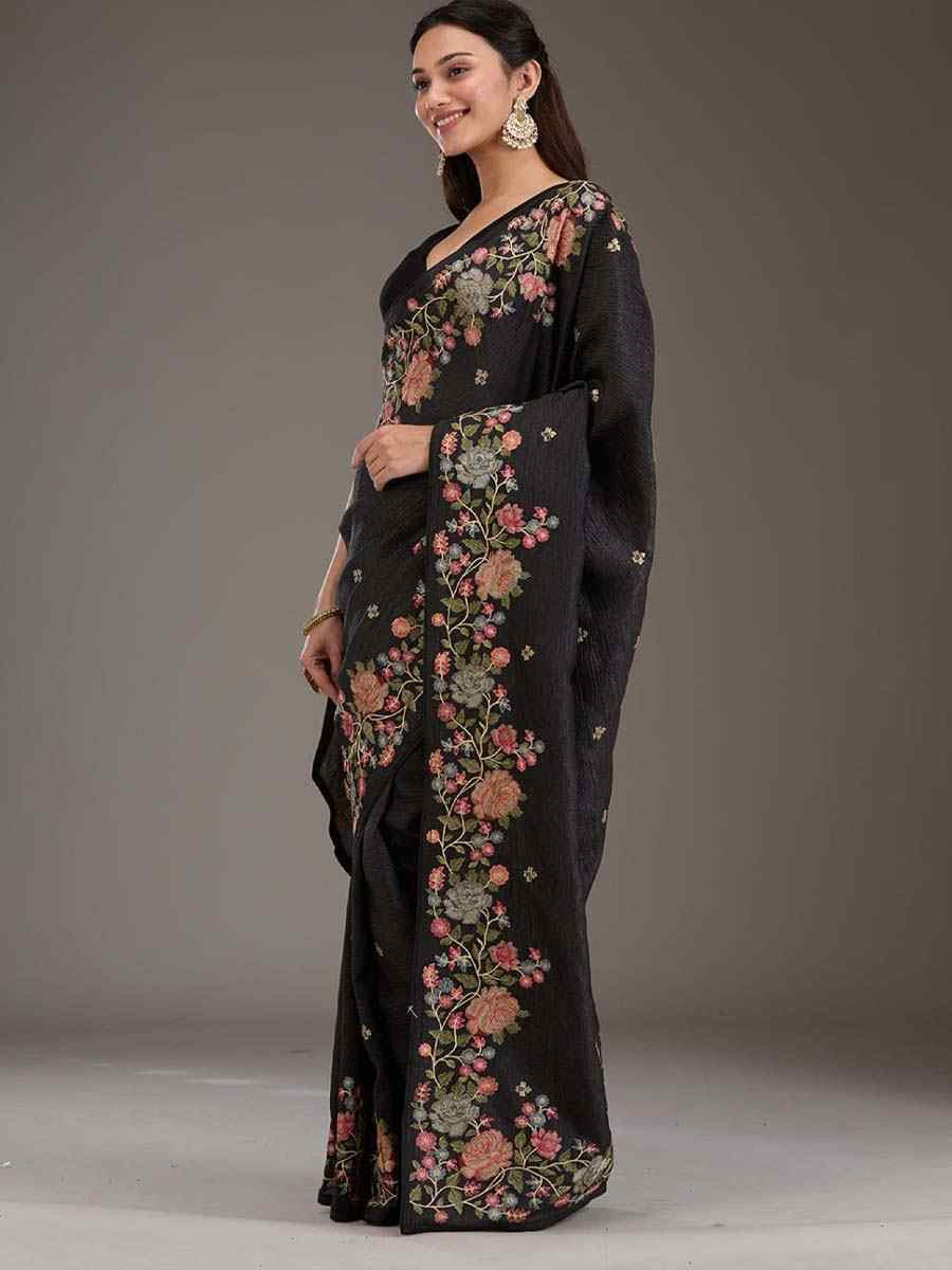 Black Silk Embroidered Festival Wedding Fancy Heavy Border Saree