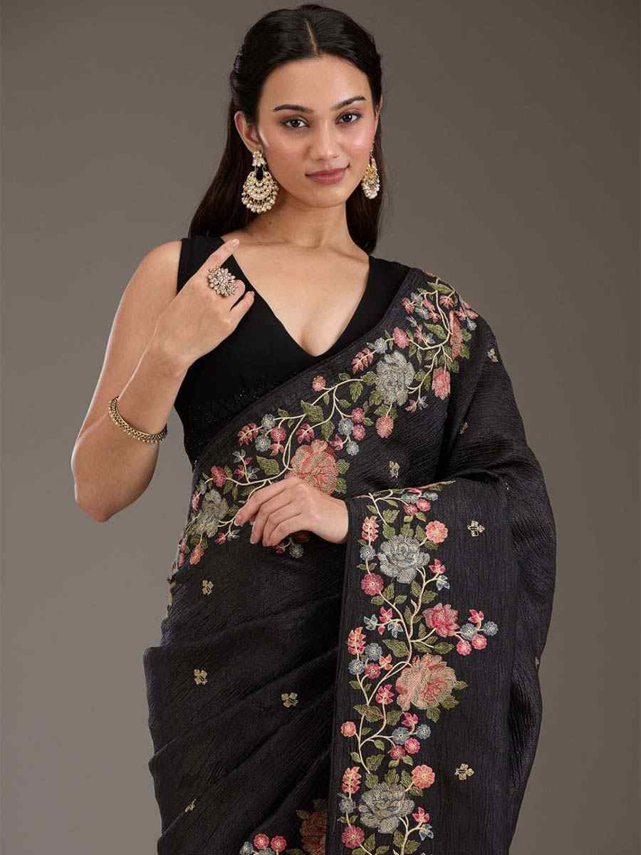 Black Silk Embroidered Festival Wedding Fancy Heavy Border Saree