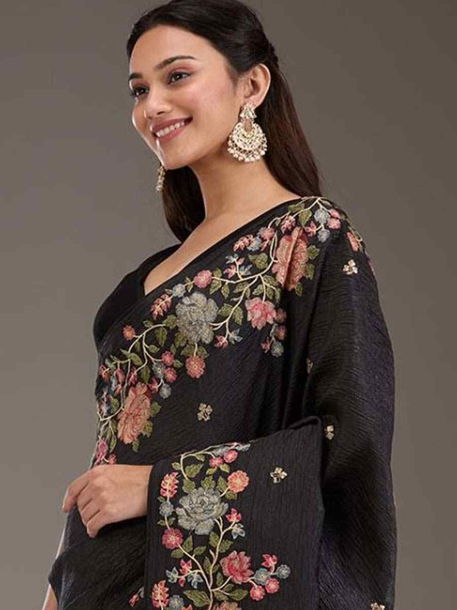 Black Silk Embroidered Festival Wedding Fancy Heavy Border Saree