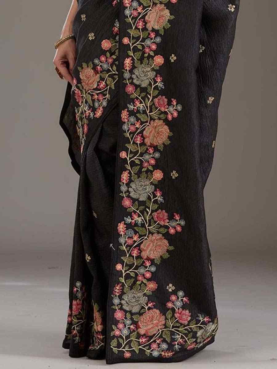 Black Silk Embroidered Festival Wedding Fancy Heavy Border Saree