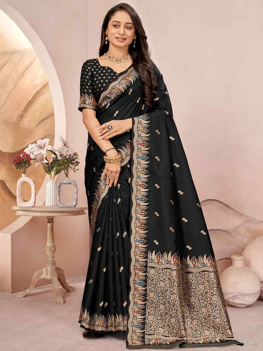 Black Silk Embroidered Festival Wedding Fancy Heavy Border Saree