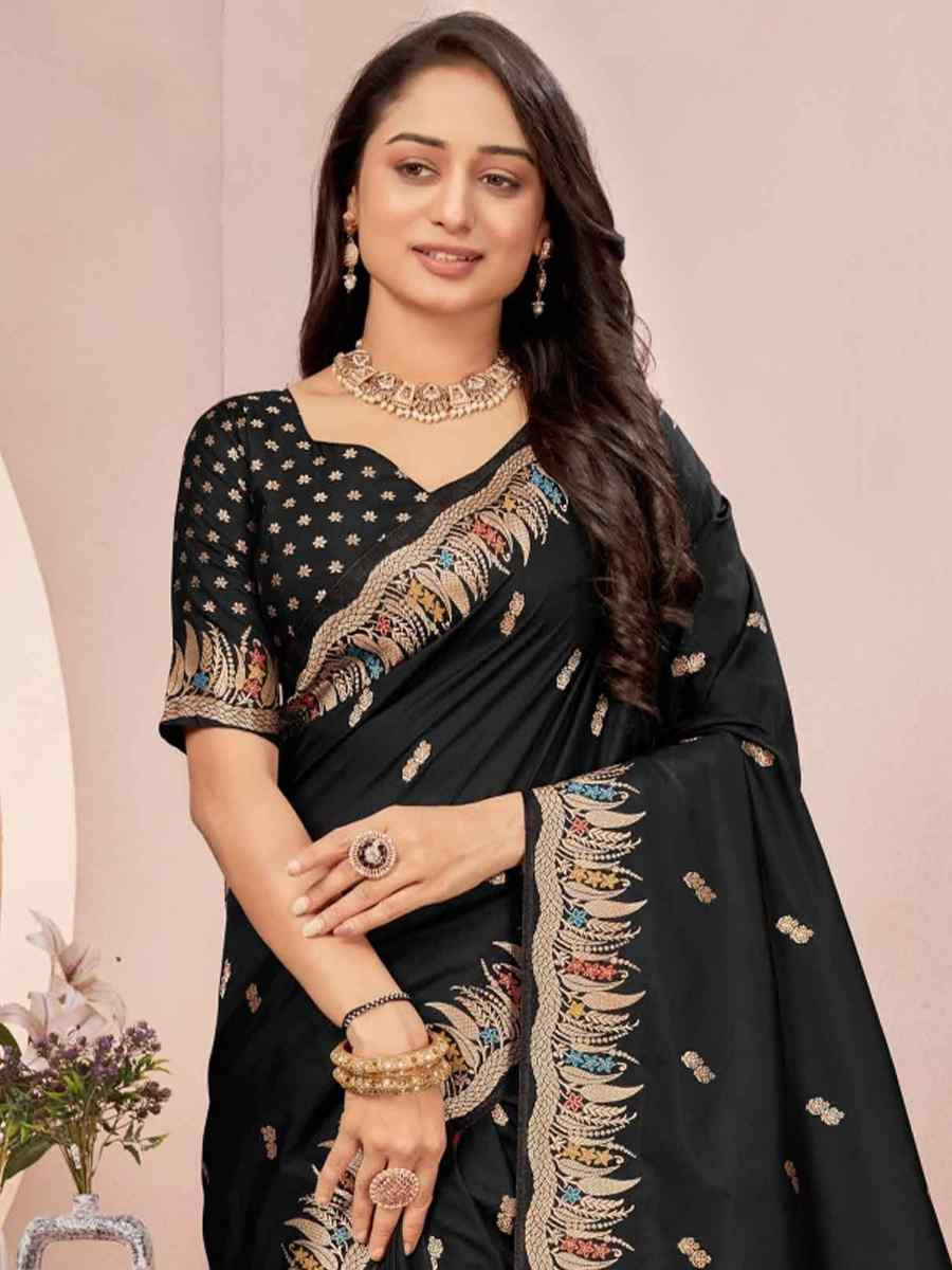 Black Silk Embroidered Festival Wedding Fancy Heavy Border Saree