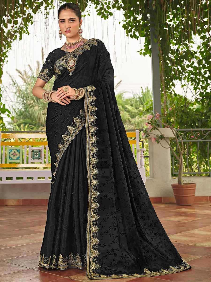 Black Silk Embroidered Festival Wedding Fancy Heavy Border Saree