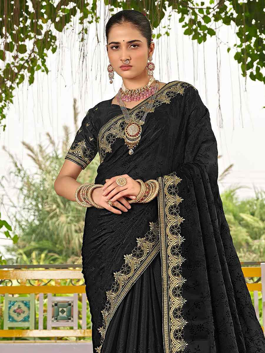 Black Silk Embroidered Festival Wedding Fancy Heavy Border Saree