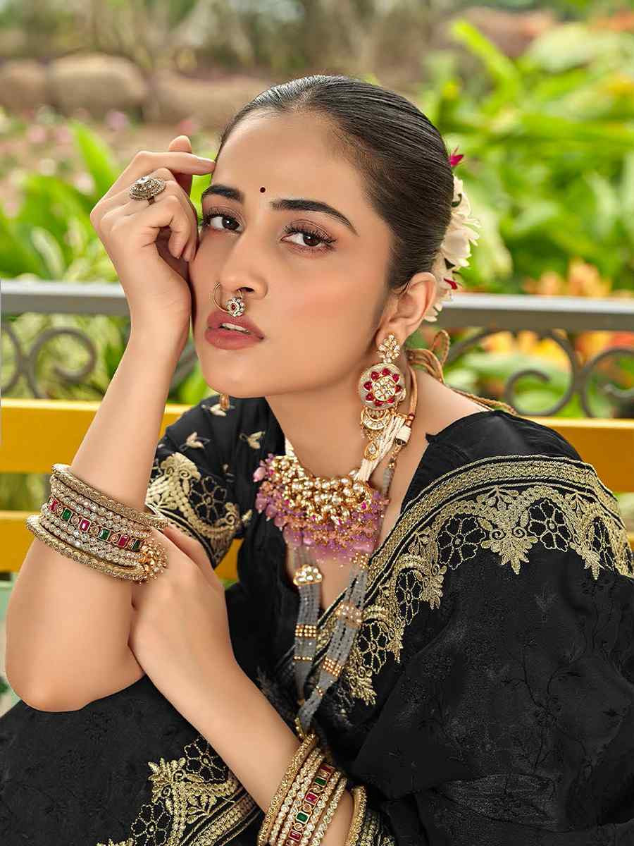 Black Silk Embroidered Festival Wedding Fancy Heavy Border Saree
