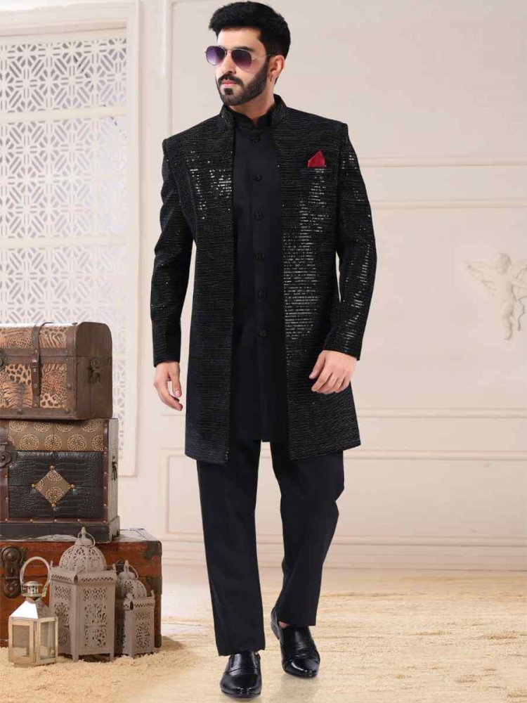 Black Silk Embroidered Festival Wedding Sherwani