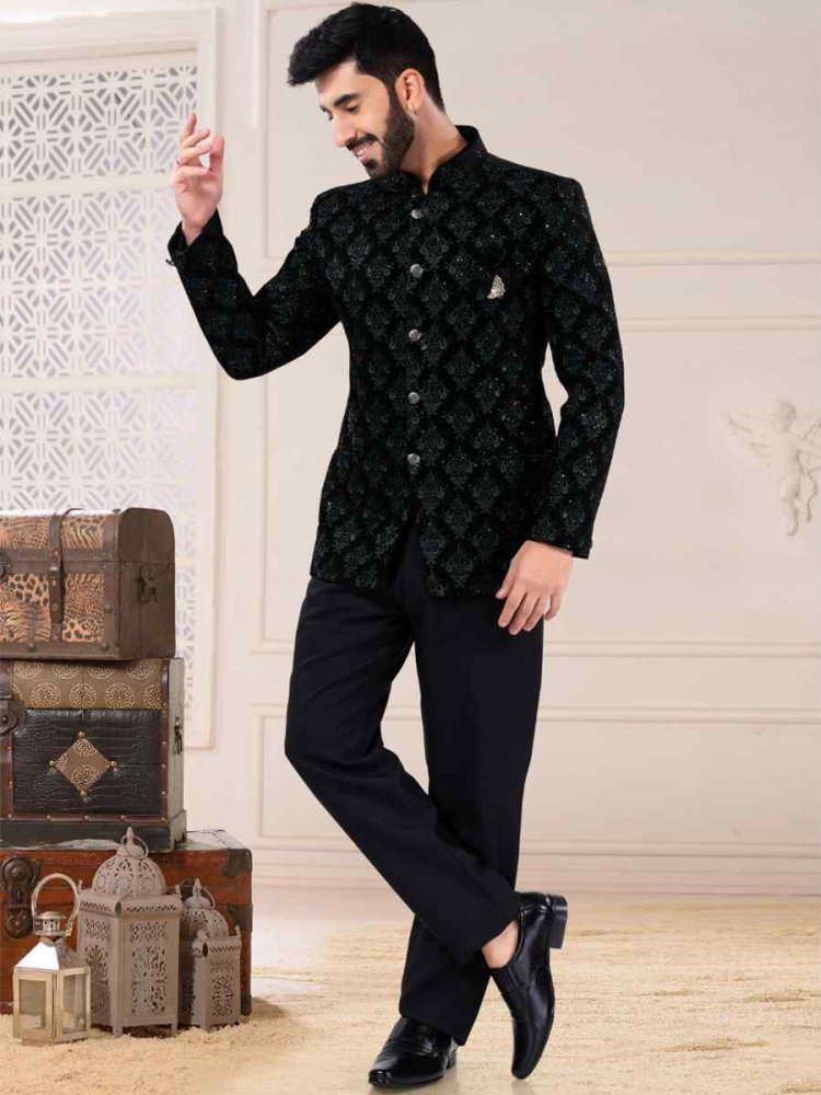 Black Silk Embroidered Festival Wedding Sherwani