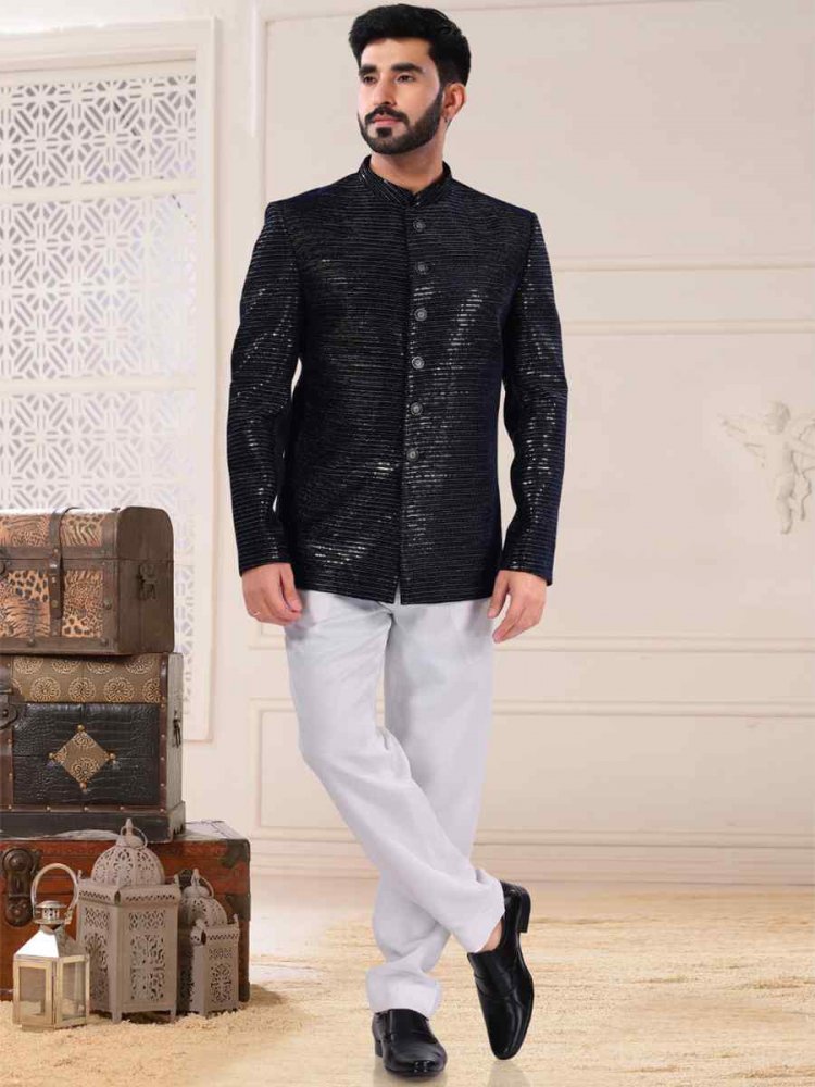 Black Silk Embroidered Festival Wedding Sherwani