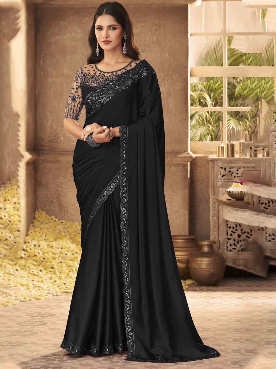 Black Silk Embroidered Party Festival Classic Style Saree