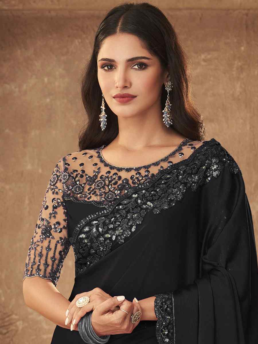 Black Silk Embroidered Party Festival Classic Style Saree