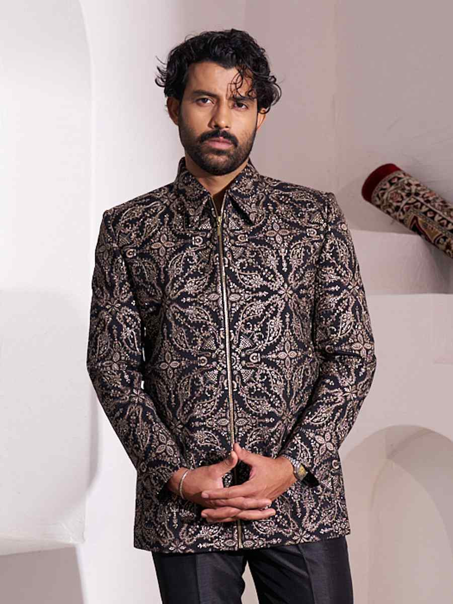 Black Silk Embroidered Party Wedding Kurta