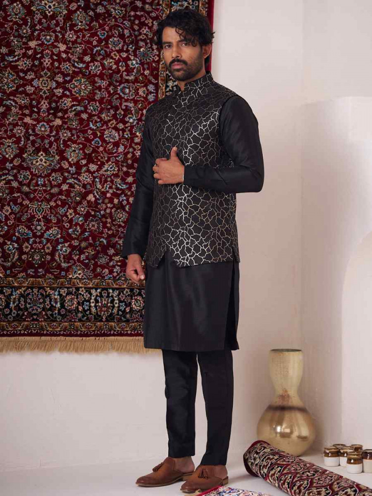 Black Silk Embroidered Party Wedding Kurta