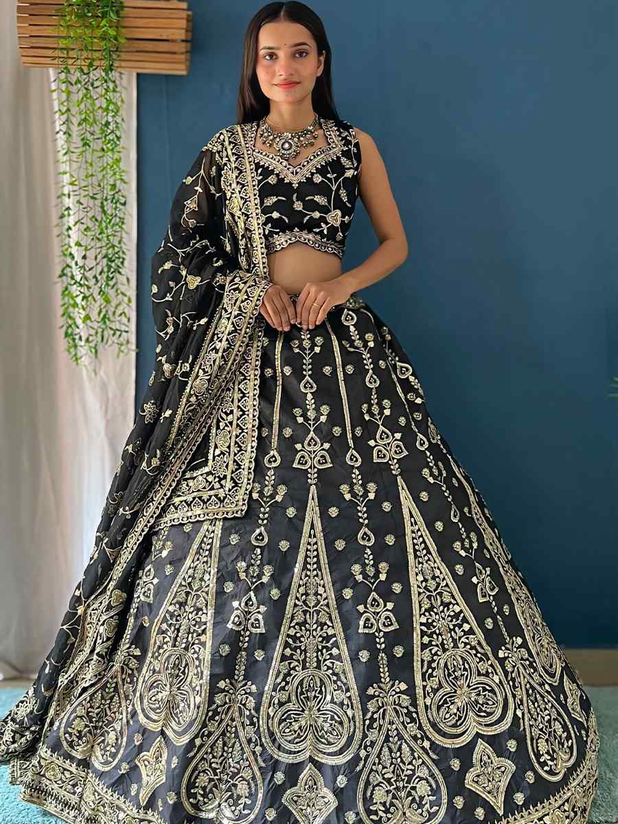 Black Silk Embroidered Wedding Festival Heavy Border Lehenga Choli