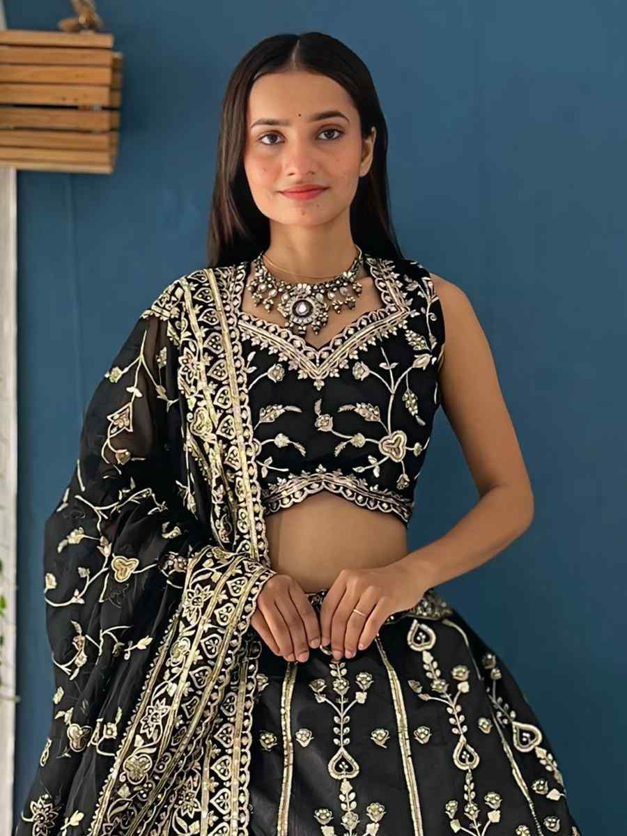 Black Silk Embroidered Wedding Festival Heavy Border Lehenga Choli