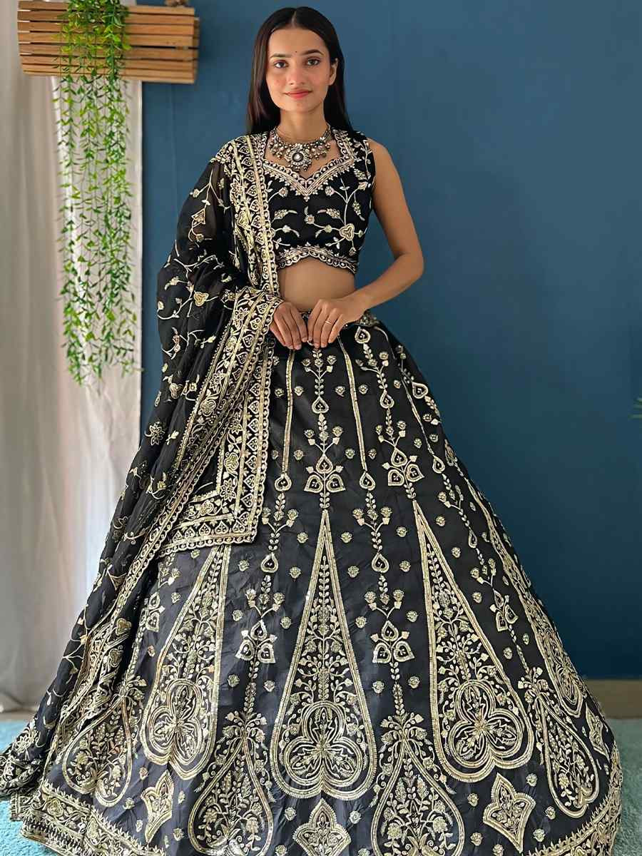 Black Silk Embroidered Wedding Festival Heavy Border Lehenga Choli