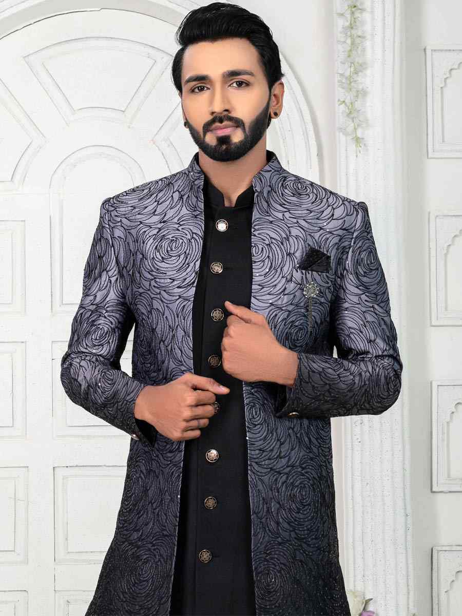 Black Silk Embroidered Wedding Groom Sherwani