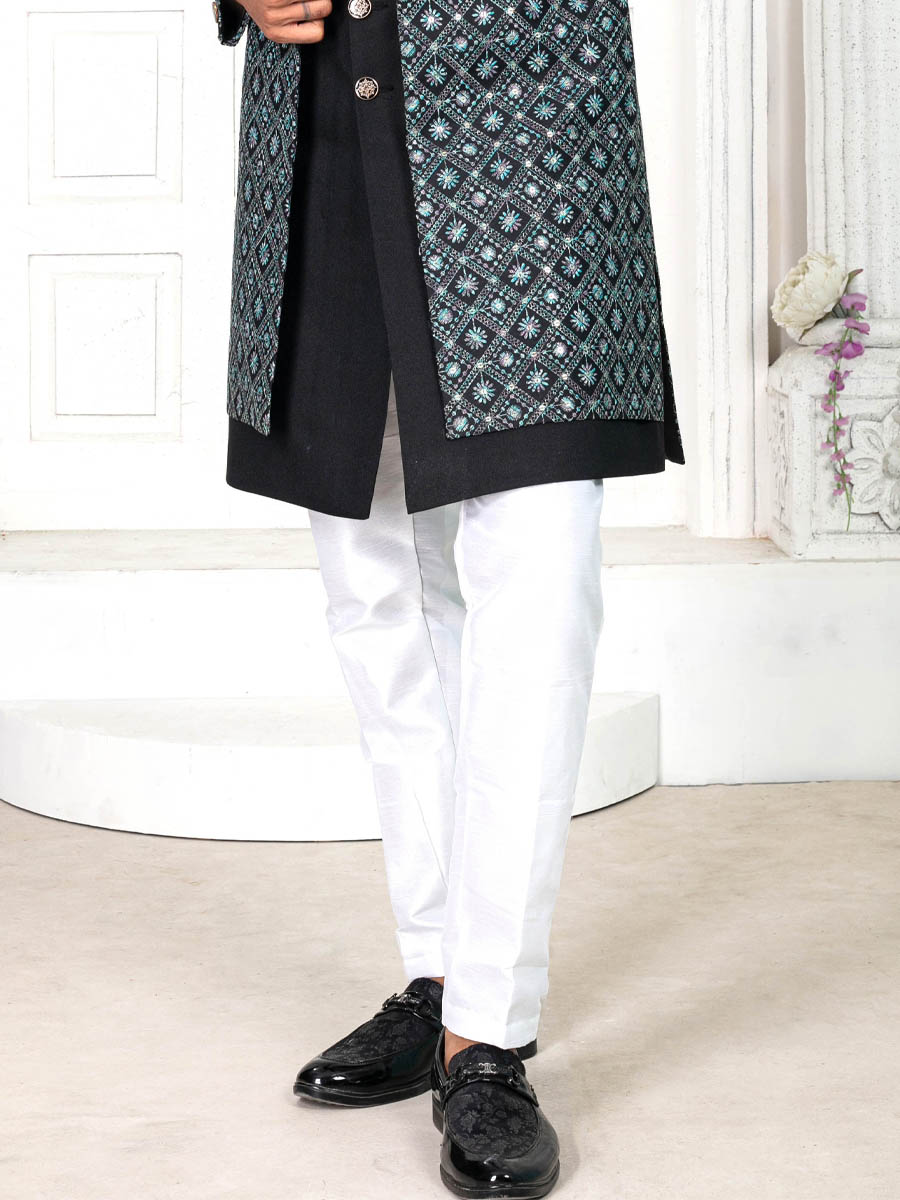 Black Silk Embroidered Wedding Groom Sherwani