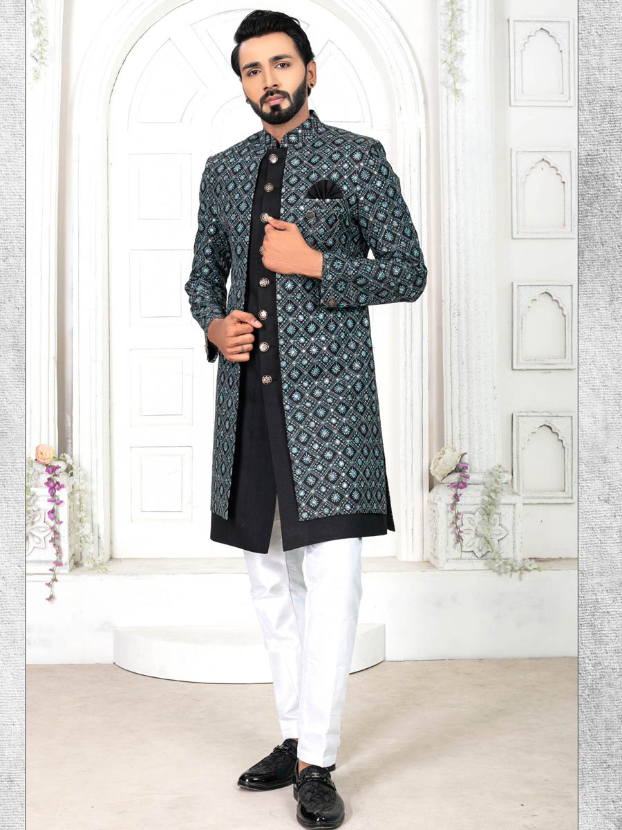 Black Silk Embroidered Wedding Groom Sherwani