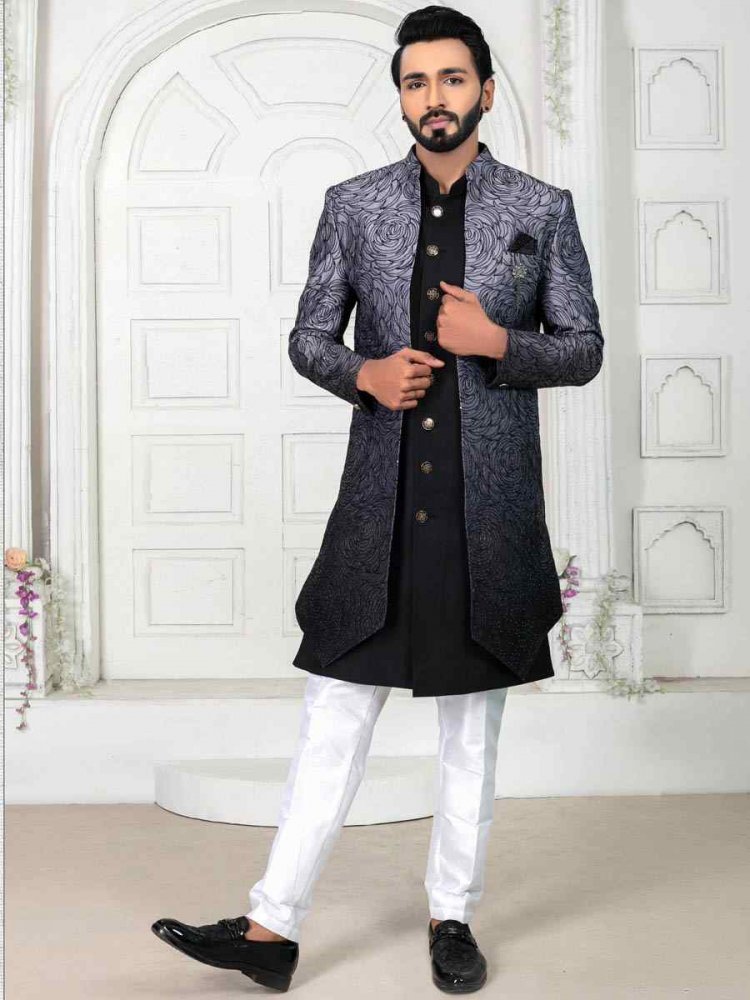 Black Silk Embroidered Wedding Groom Sherwani