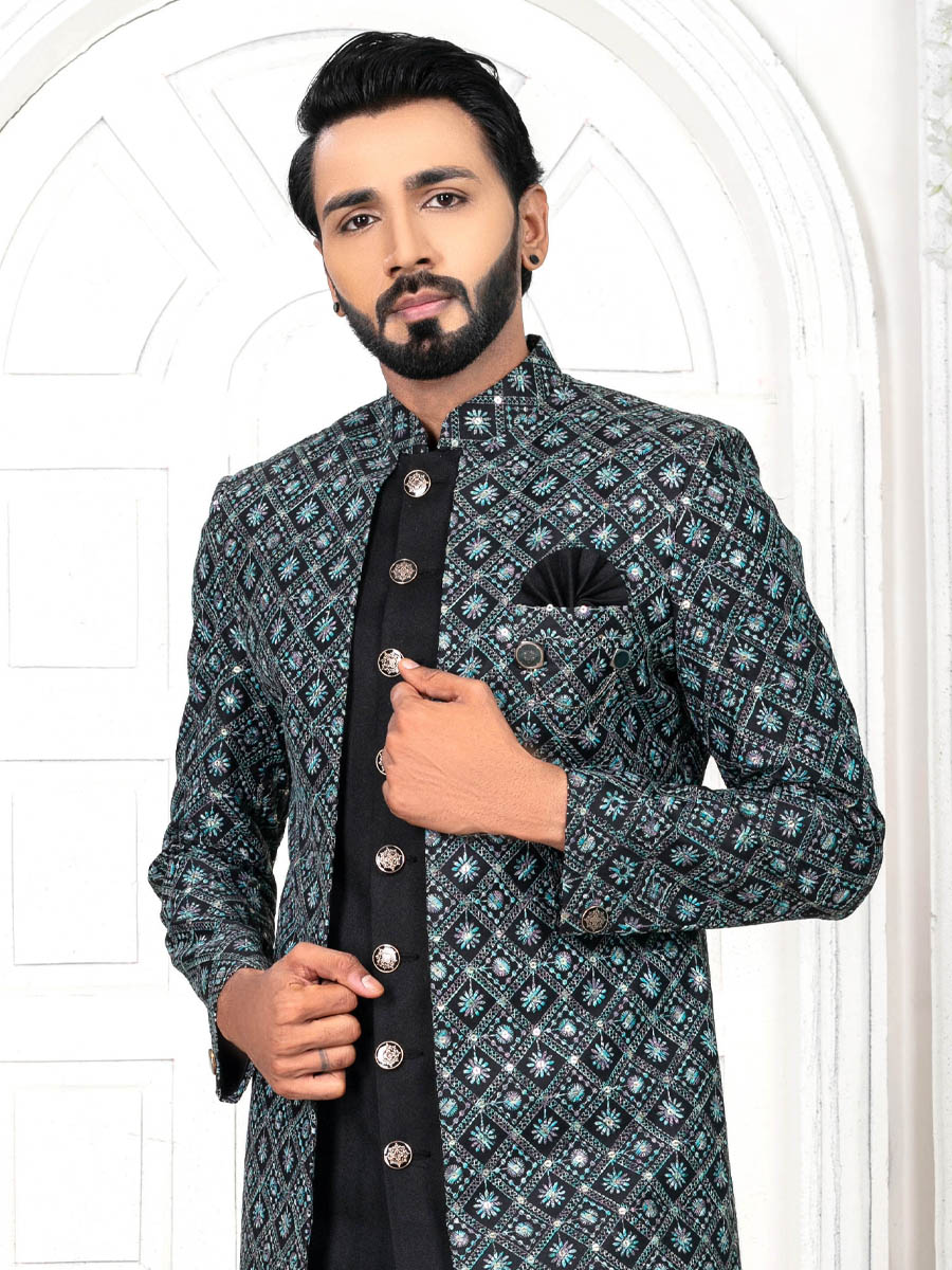 Black Silk Embroidered Wedding Groom Sherwani
