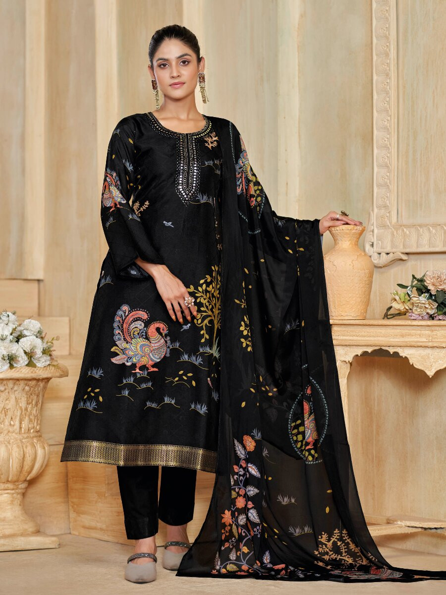 Black Silk Embroidery Digital Printed Wedding Party Festival Casual Pant Salwar Kameez