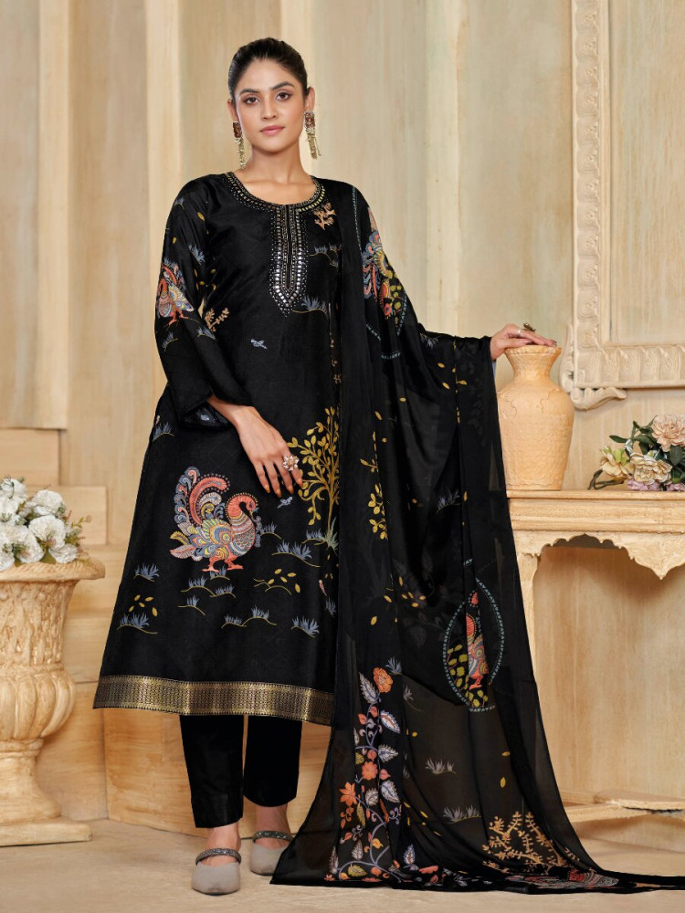Image of Black Silk Embroidery Digital Printed Wedding Party Festival Casual Pant Salwar Kameez