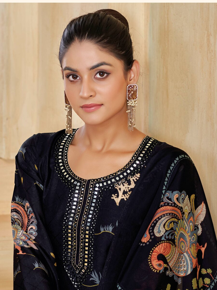 Black Silk Embroidery Digital Printed Wedding Party Festival Casual Pant Salwar Kameez