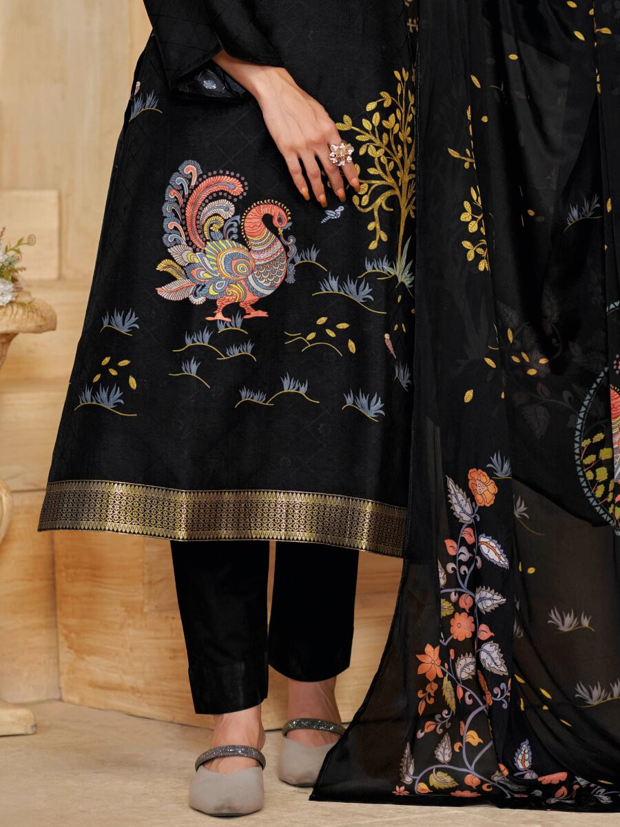 Black Silk Embroidery Digital Printed Wedding Party Festival Casual Pant Salwar Kameez