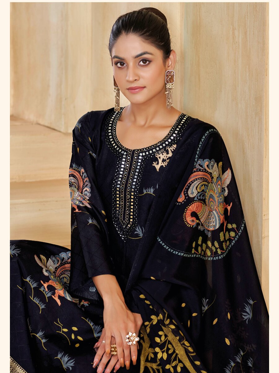 Black Silk Embroidery Digital Printed Wedding Party Festival Casual Pant Salwar Kameez
