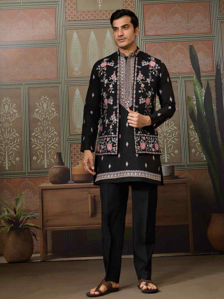 Black Silk Embroidery Festival Wedding Party Mens Kurta with Jacket