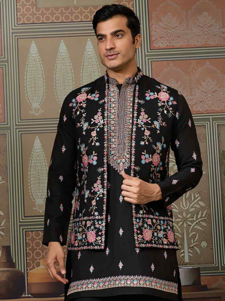 Black Silk Embroidery Festival Wedding Party Mens Kurta with Jacket