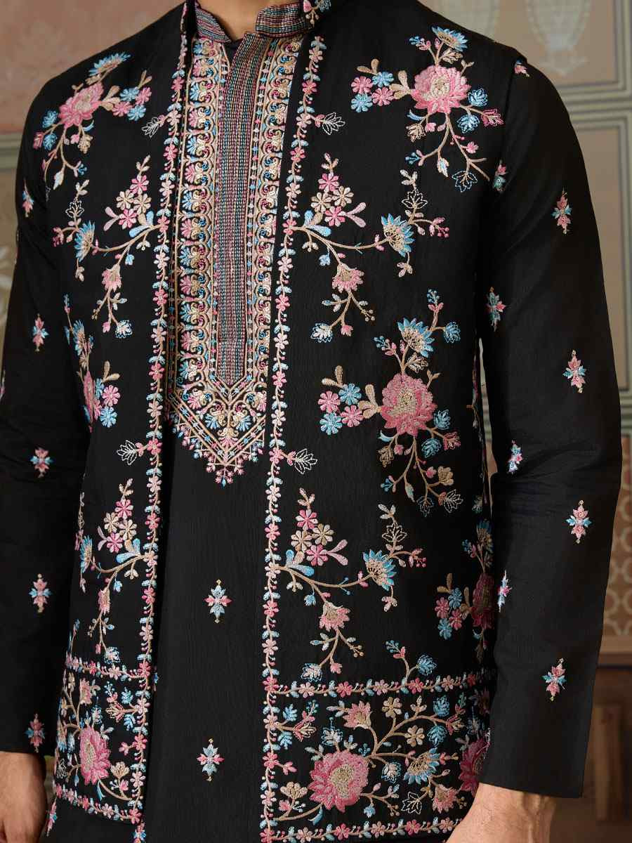 Black Silk Embroidery Festival Wedding Party Mens Kurta with Jacket