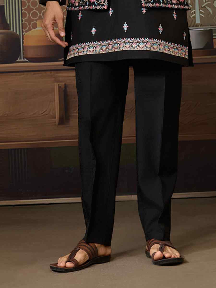 Black Silk Embroidery Festival Wedding Party Mens Kurta with Jacket