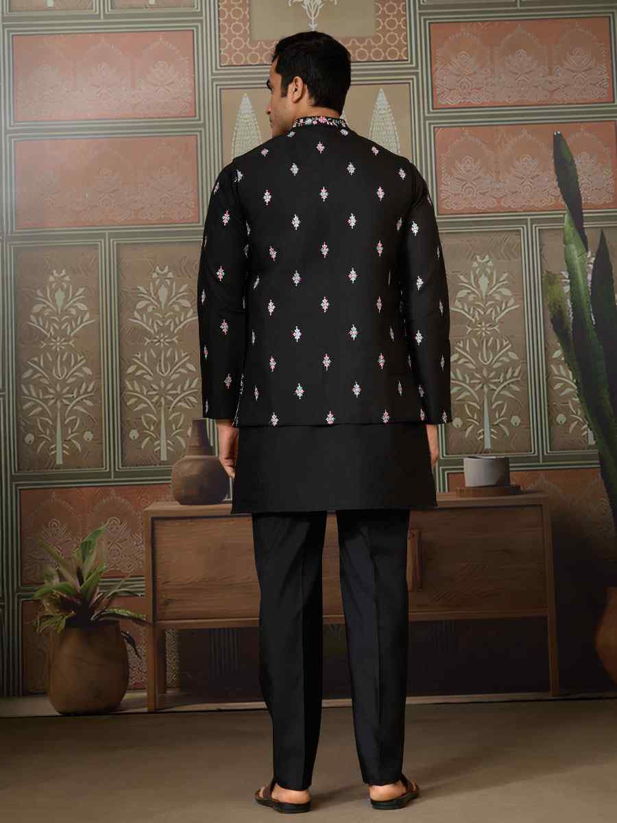 Black Silk Embroidery Festival Wedding Party Mens Kurta with Jacket