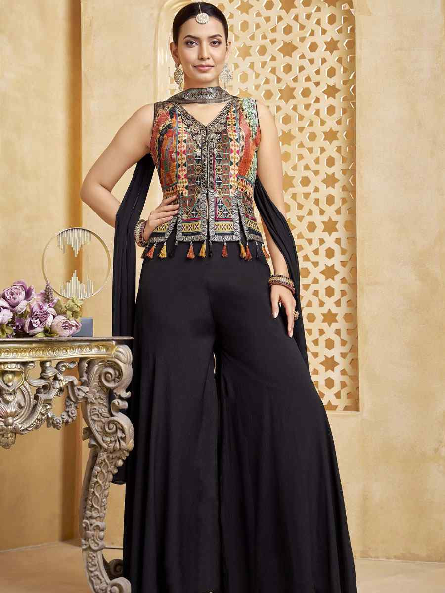 Black Silk Embroidery Party Wedding Festival Casual Ready Palazzo Pant Salwar Kameez