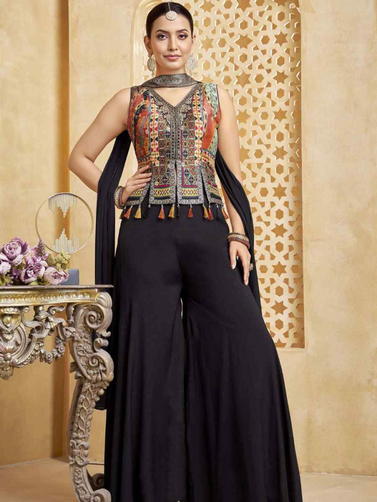 Image of Black Silk Embroidery Party Wedding Festival Casual Ready Palazzo Pant Salwar Kameez