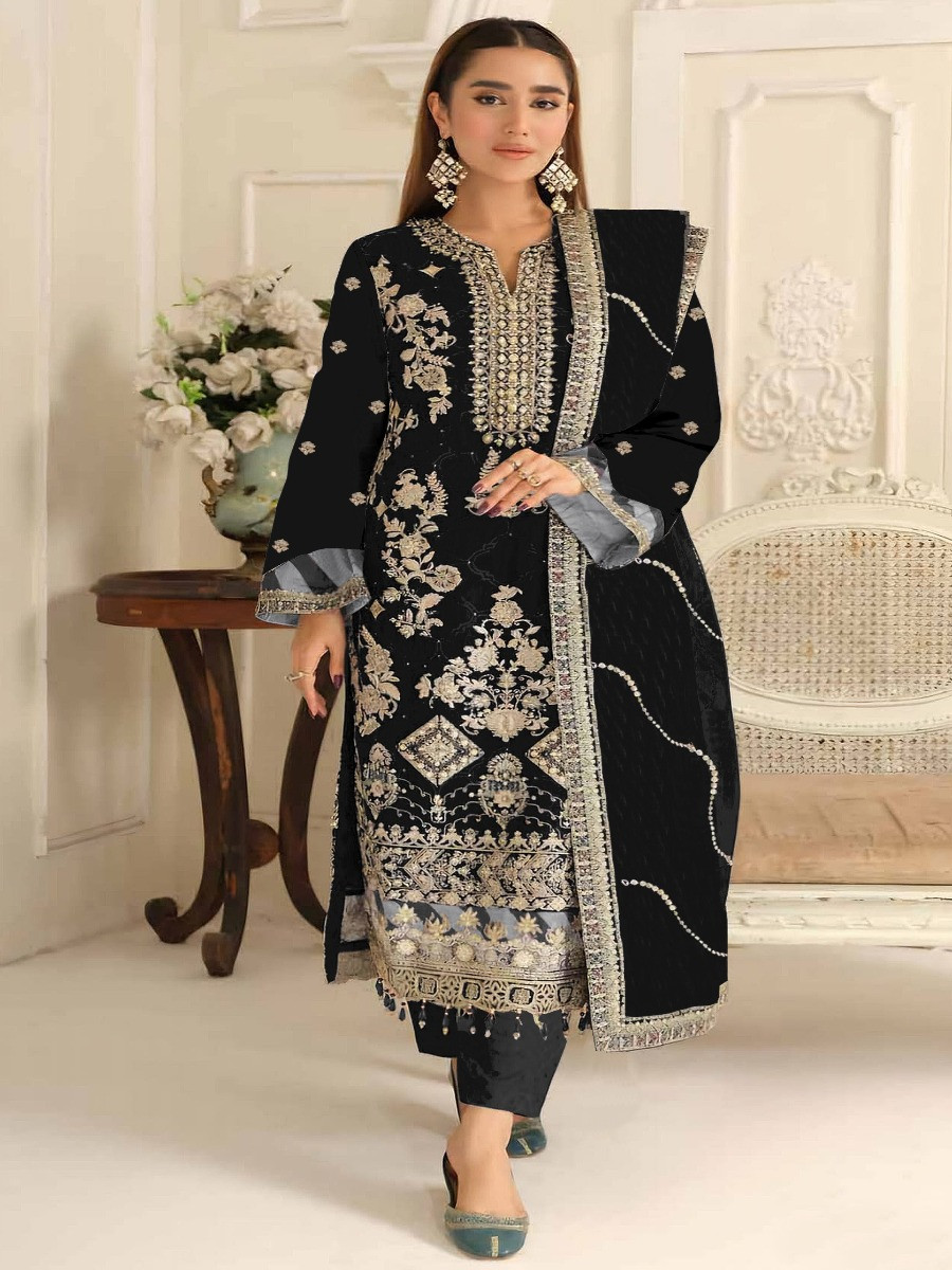 Black Silk Embroidery Sequins Zari Wedding Party Festival Casual Engagement Pant Salwar Kameez
