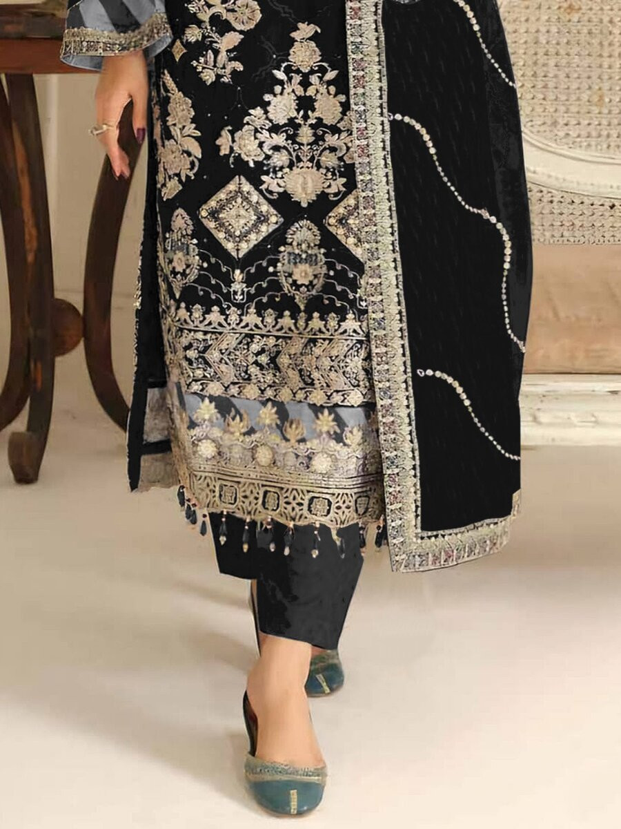 Black Silk Embroidery Sequins Zari Wedding Party Festival Casual Engagement Pant Salwar Kameez