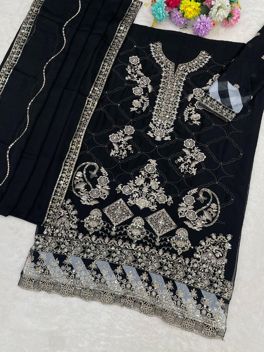 Black Silk Embroidery Sequins Zari Wedding Party Festival Casual Engagement Pant Salwar Kameez
