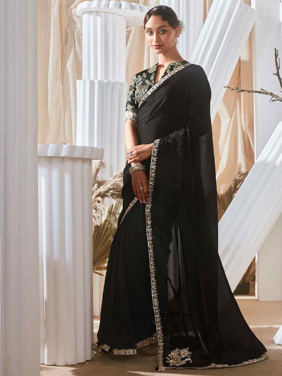 Black Silk Embroidery Traditional Bridal Reception Festival Wedding Fancy Heavy Border Saree