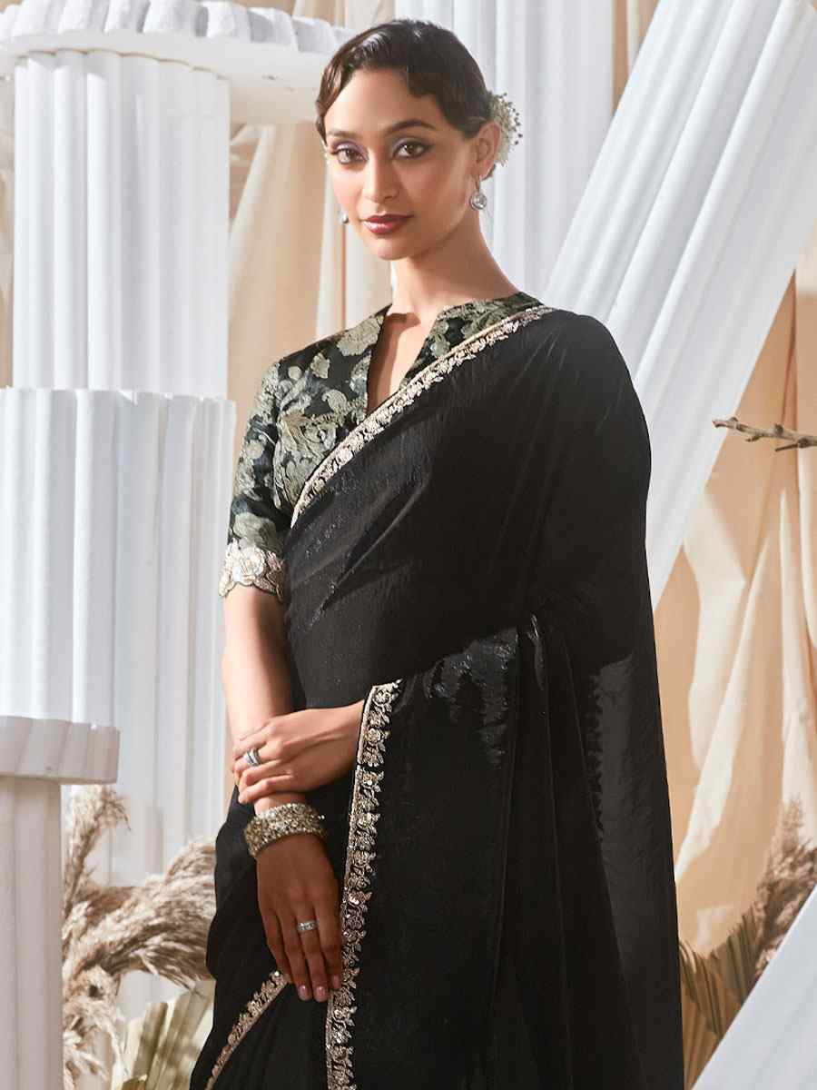 Black Silk Embroidery Traditional Bridal Reception Festival Wedding Fancy Heavy Border Saree