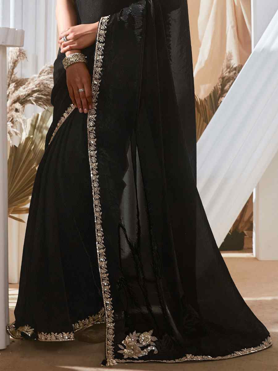 Black Silk Embroidery Traditional Bridal Reception Festival Wedding Fancy Heavy Border Saree
